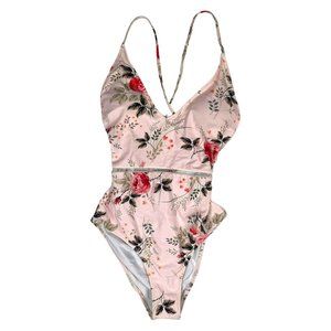 CUPSHE Size M Pink Rose Floral Print Tie-Back One Piece Swimsuit Beach Vacation